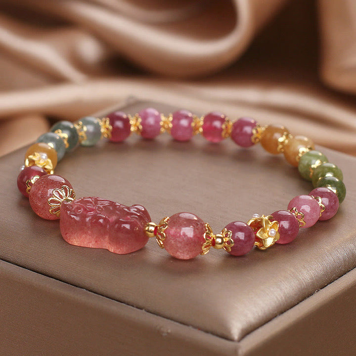 Bracelet d'amour PIXIU en cristal rose et tourmaline et quartz fraise de Buddha Stones