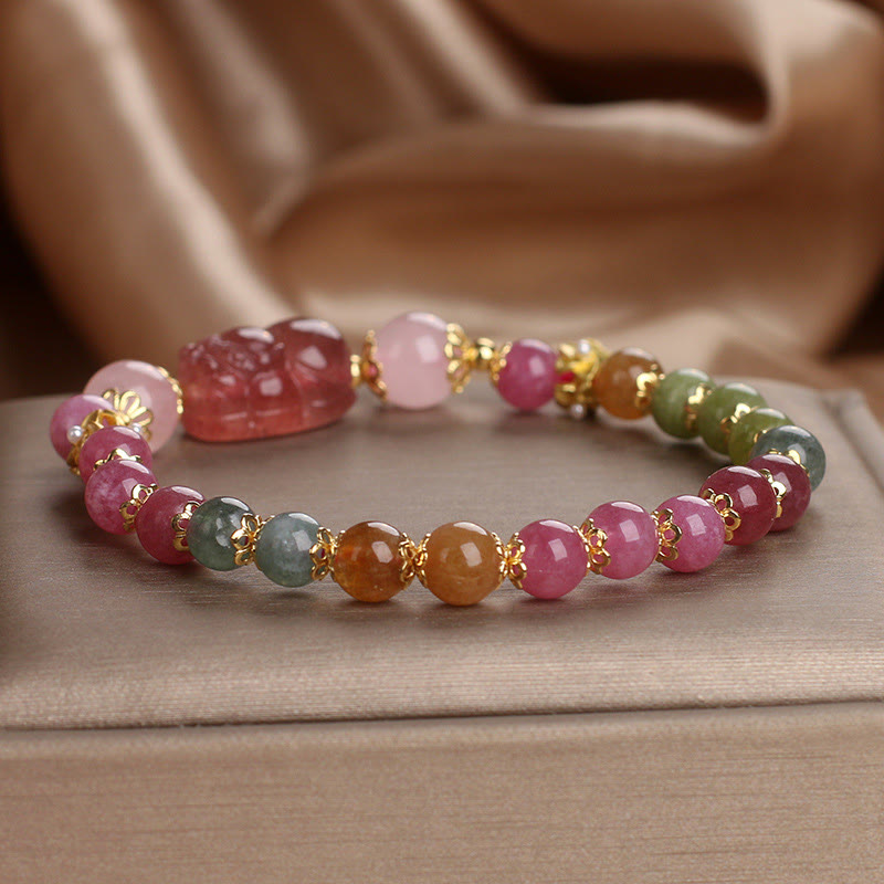 Bracelet d'amour PIXIU en cristal rose et tourmaline et quartz fraise de Buddha Stones