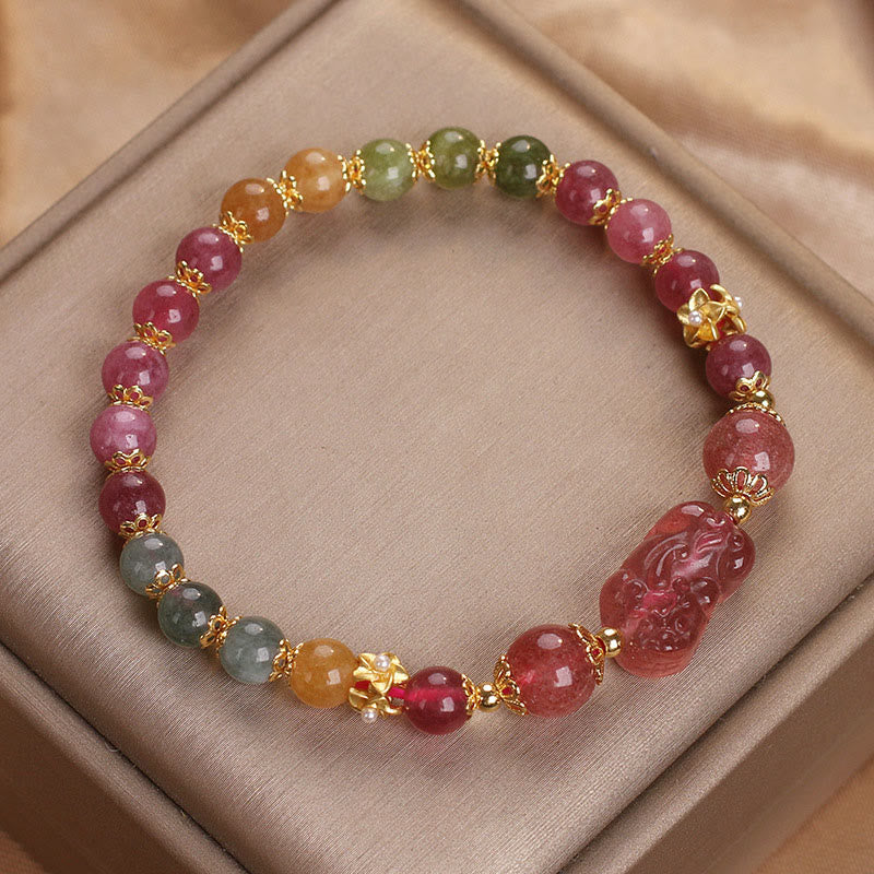 Bracelet d'amour PIXIU en cristal rose et tourmaline et quartz fraise de Buddha Stones