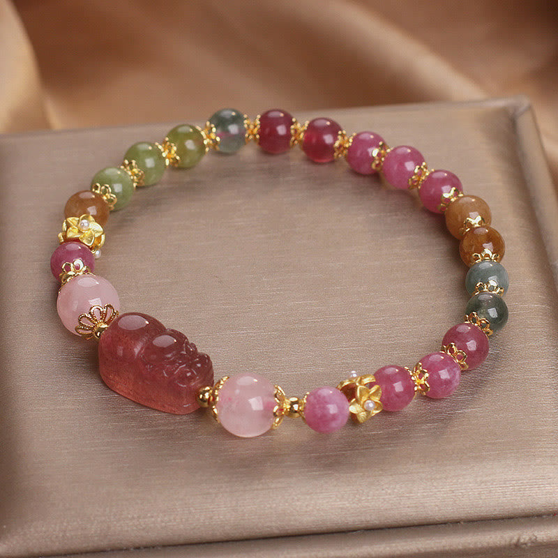 Bracelet d'amour PIXIU en cristal rose et tourmaline et quartz fraise de Buddha Stones