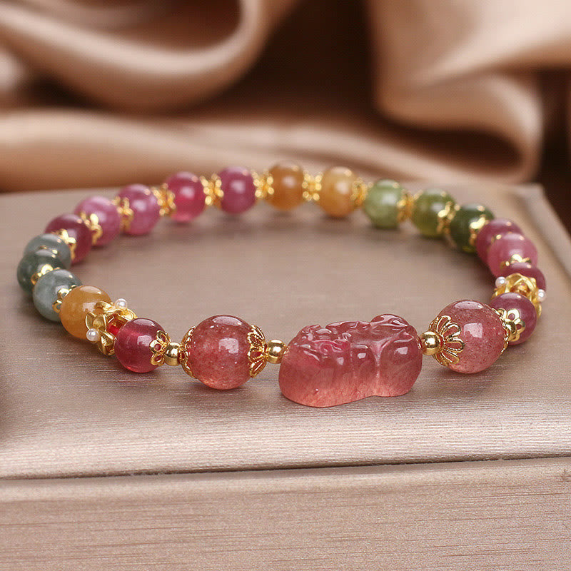 Bracelet d'amour PIXIU en cristal rose et tourmaline et quartz fraise de Buddha Stones