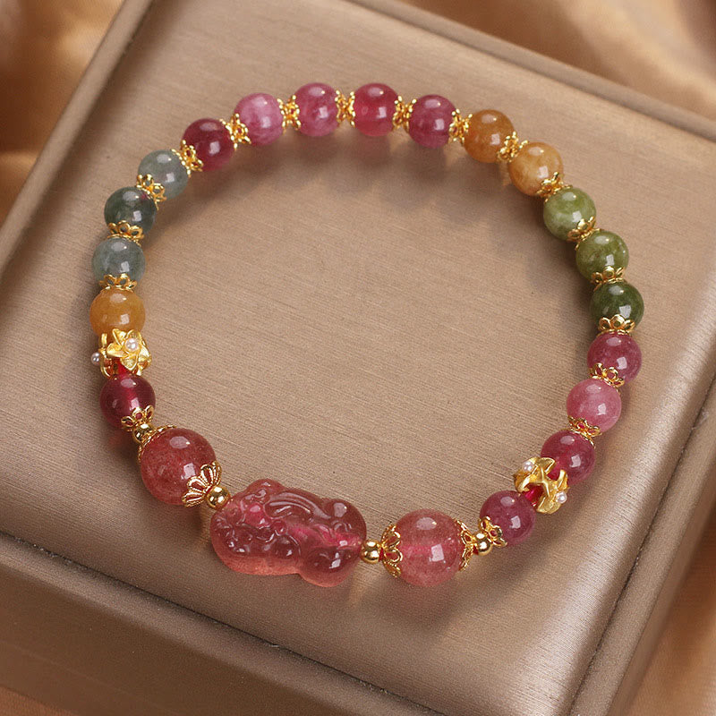 Bracelet d'amour PIXIU en cristal rose et tourmaline et quartz fraise de Buddha Stones