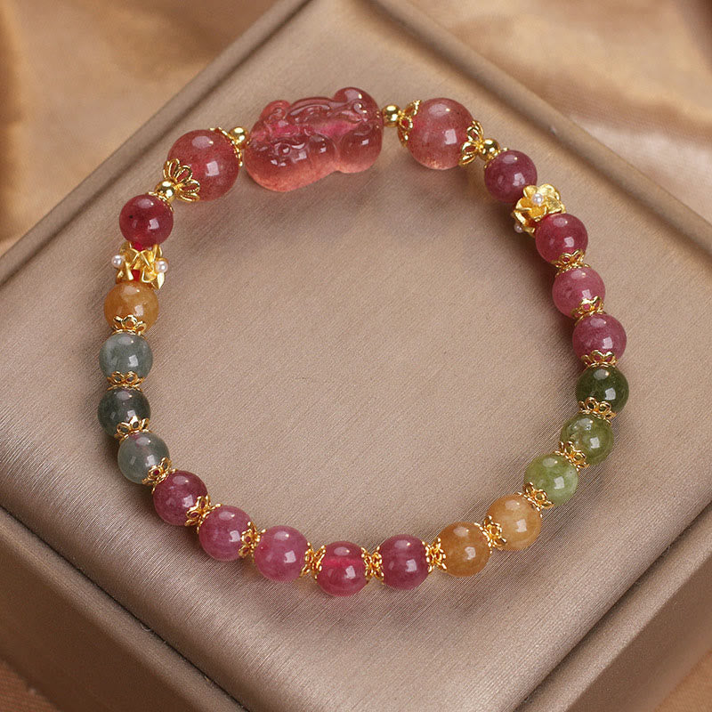 Bracelet d'amour PIXIU en cristal rose et tourmaline et quartz fraise de Buddha Stones
