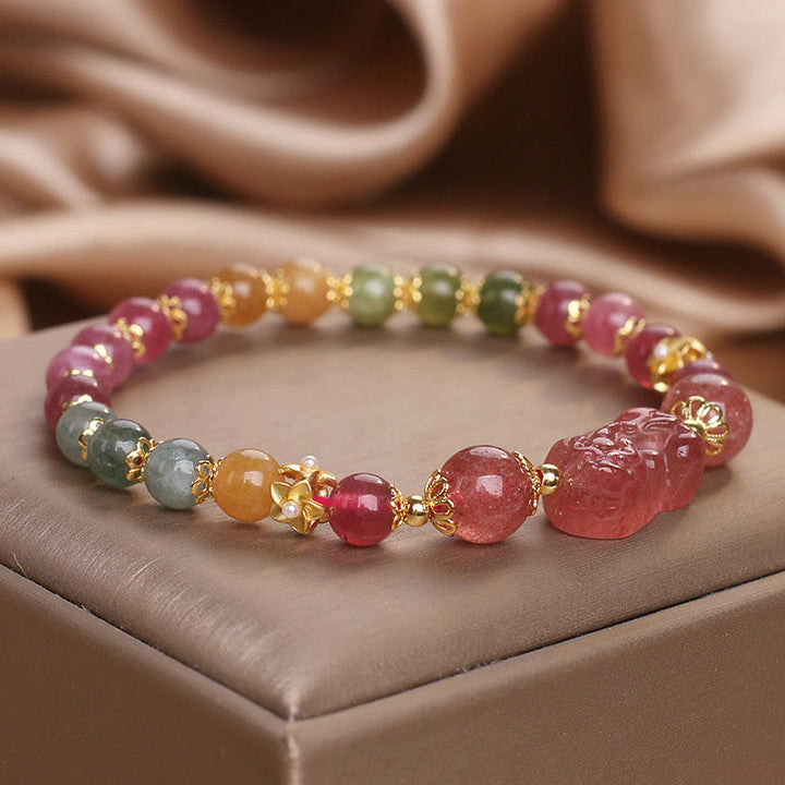 Bracelet d'amour PIXIU en cristal rose et tourmaline et quartz fraise de Buddha Stones