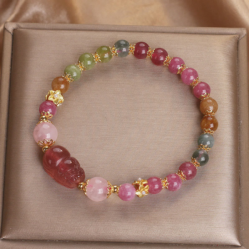 Bracelet d'amour PIXIU en cristal rose et tourmaline et quartz fraise de Buddha Stones