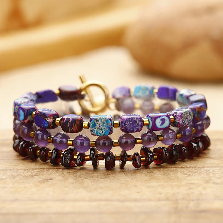 Bracelet triple tour de communication Buddha Stones, améthyste, grenat et pierre empereur