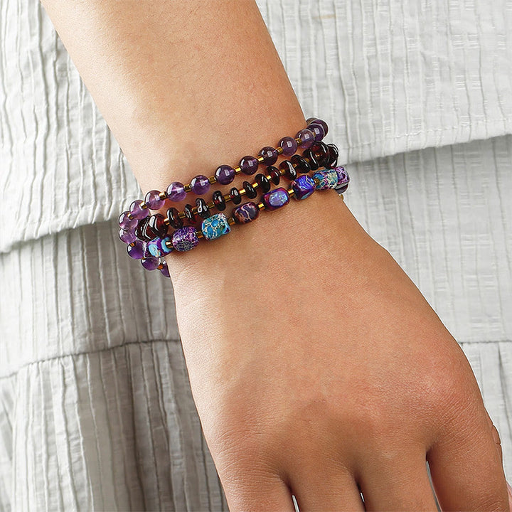 Bracelet triple tour de communication Buddha Stones, améthyste, grenat et pierre empereur