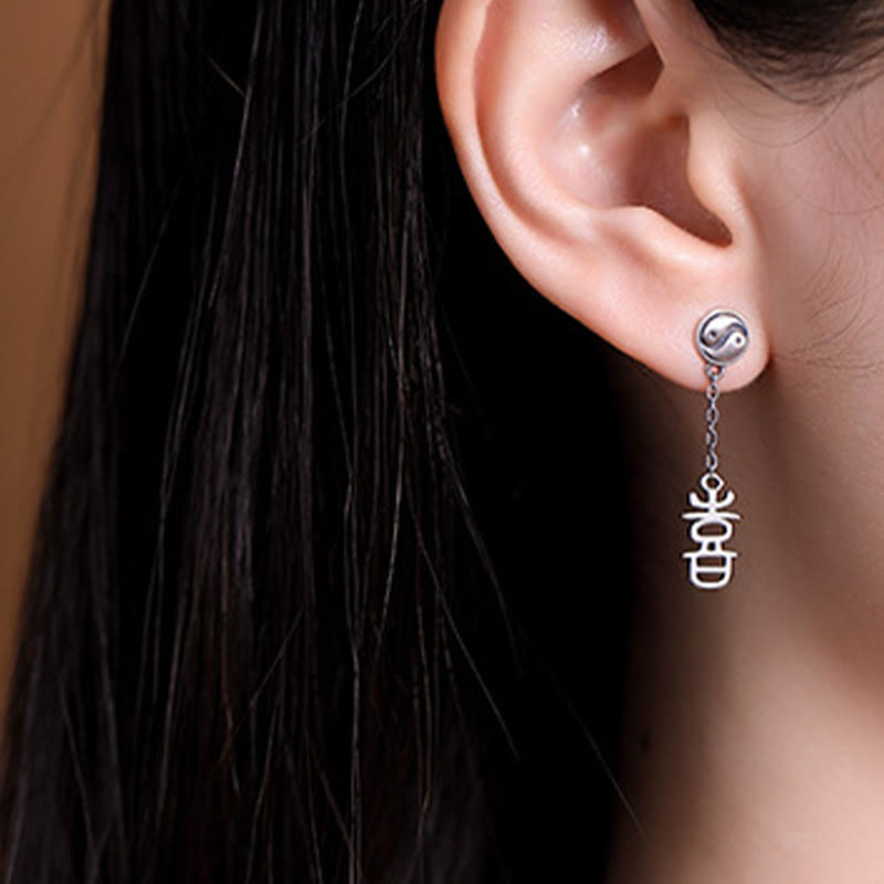 Boucles d'oreilles de protection en argent sterling 925 avec Buddha Stones et caractères chinois « Ping An » « Xi Le »