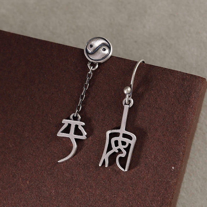 Boucles d'oreilles de protection en argent sterling 925 avec Buddha Stones et caractères chinois « Ping An » « Xi Le »
