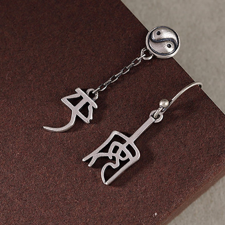 Boucles d'oreilles de protection en argent sterling 925 avec Buddha Stones et caractères chinois « Ping An » « Xi Le »