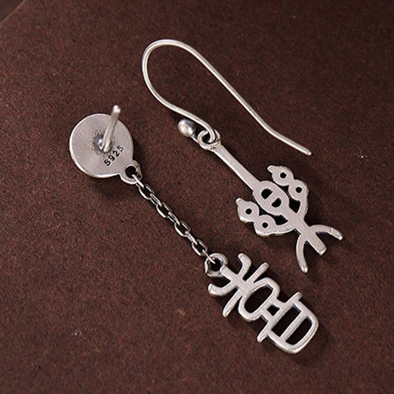 Boucles d'oreilles de protection en argent sterling 925 avec Buddha Stones et caractères chinois « Ping An » « Xi Le »