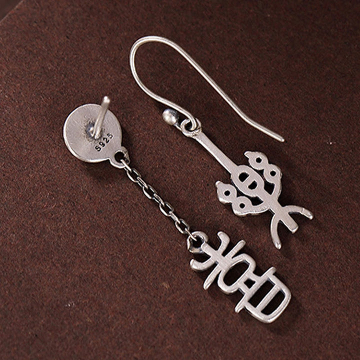Boucles d'oreilles de protection en argent sterling 925 avec Buddha Stones et caractères chinois « Ping An » « Xi Le »