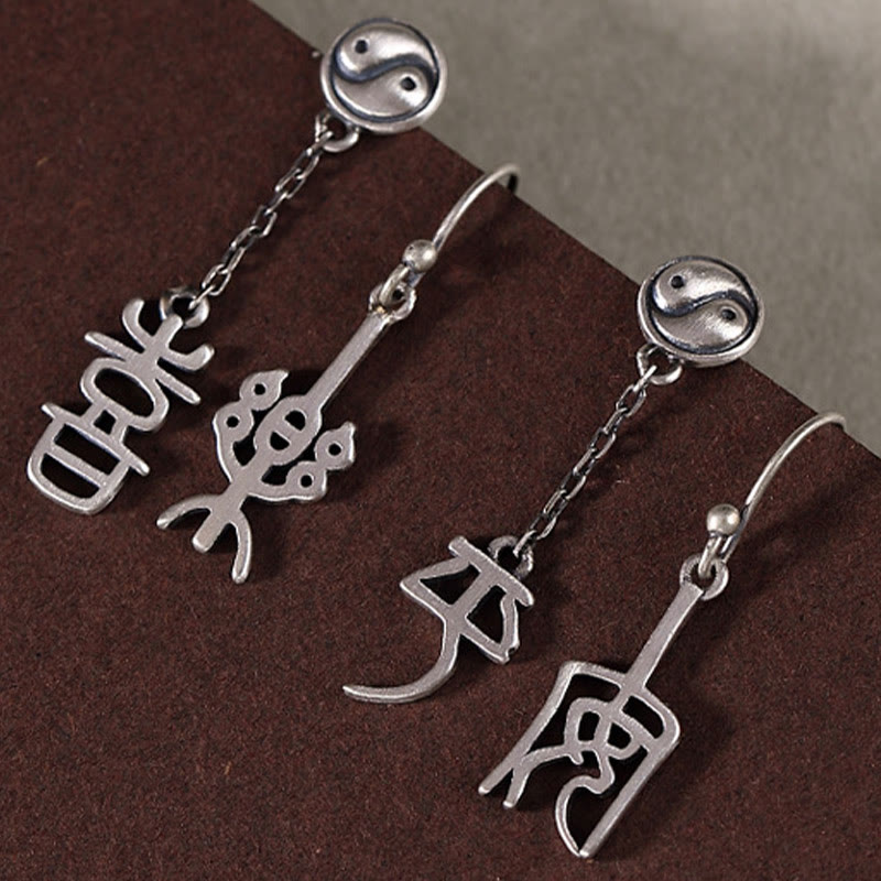 Boucles d'oreilles de protection en argent sterling 925 avec Buddha Stones et caractères chinois « Ping An » « Xi Le »