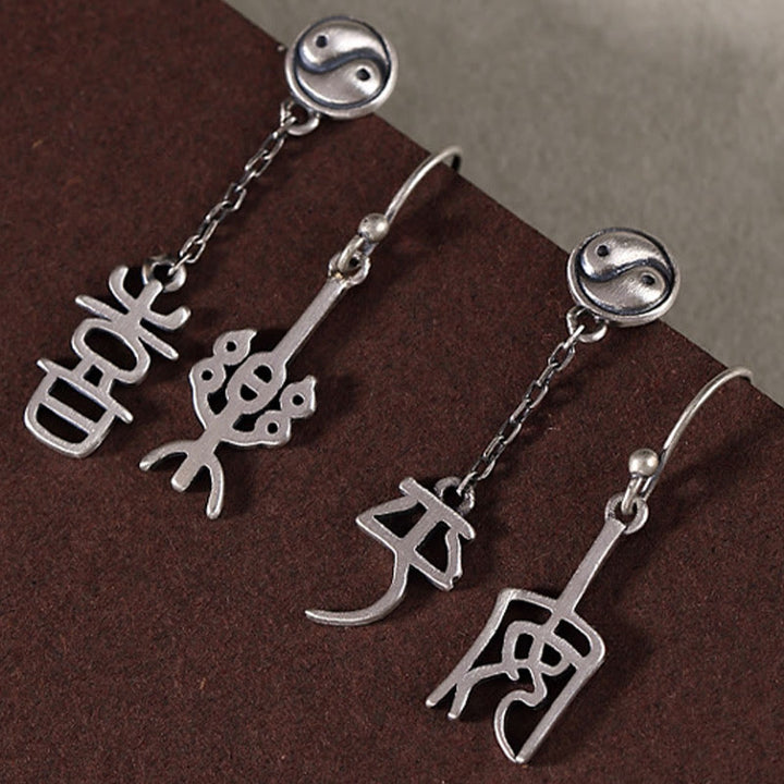 Boucles d'oreilles de protection en argent sterling 925 avec Buddha Stones et caractères chinois « Ping An » « Xi Le »