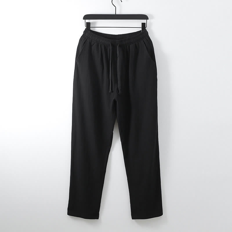 Pantalon Buddha Stones ample en coton et lin de couleur unie avec poches pour homme - Noir - US/UK/AU54，EU64 (9XL) - image 6
