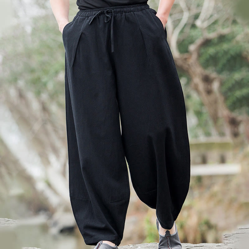 Pantalon bouffant décontracté en lin uni Buddha Stones pour homme avec poches - image 4
