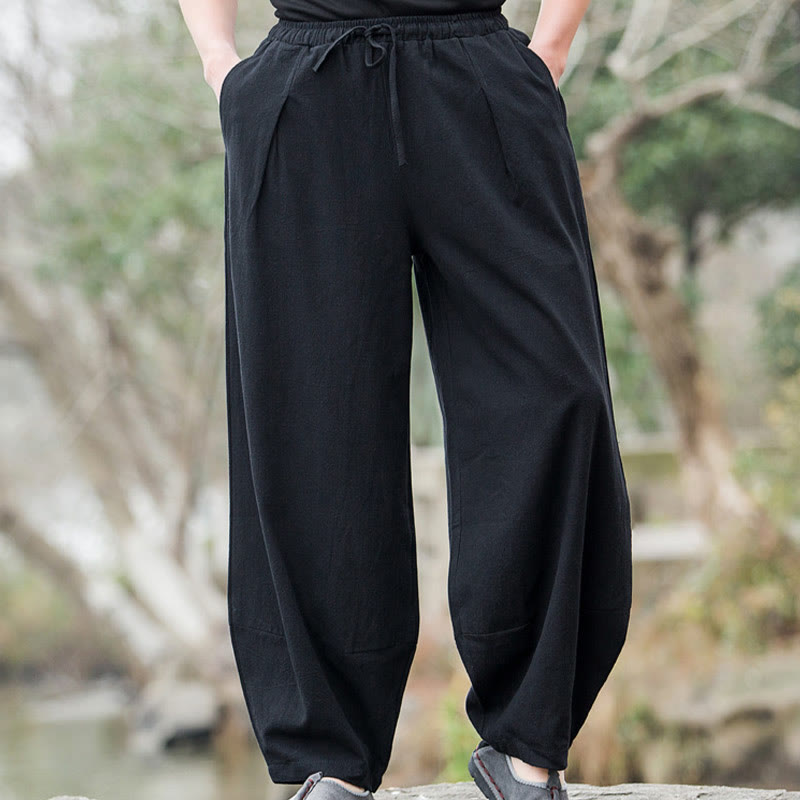 Pantalon bouffant décontracté en lin uni Buddha Stones pour homme avec poches - Noir - États-Unis/Royaume-Uni/AU 44, EU 54 (5XL) - image 1