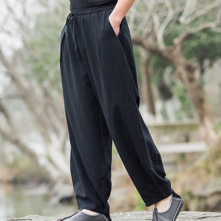 Pantalon bouffant décontracté en lin uni Buddha Stones pour homme avec poches - image 3