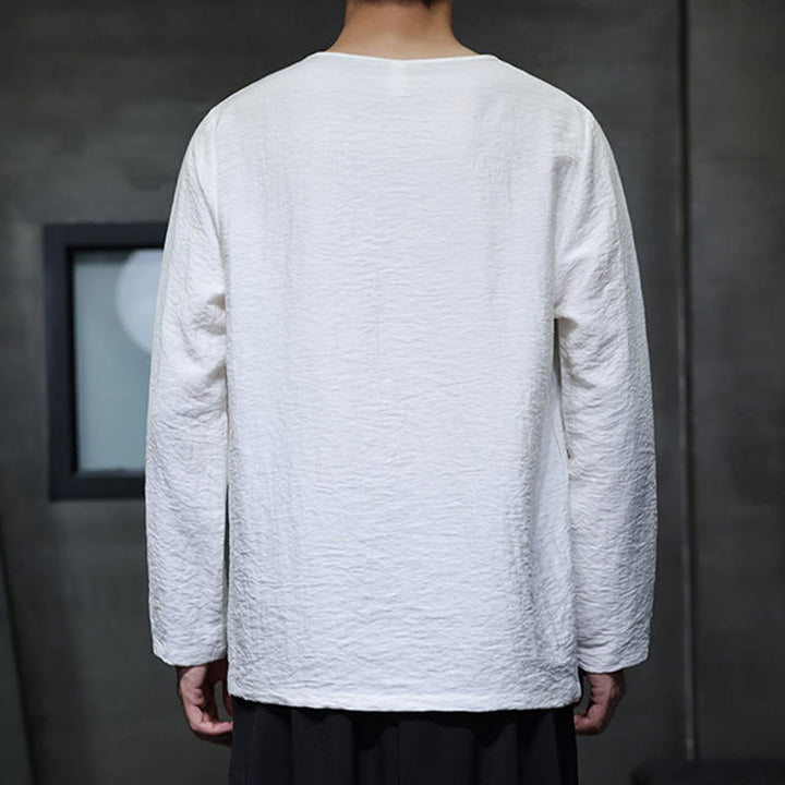 Chemises pour hommes en coton à manches longues et col rond Buddha Stones de couleur unie - image 2