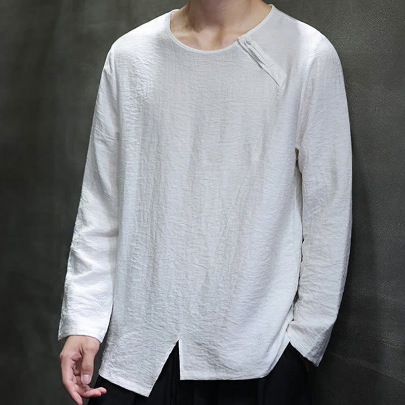 Chemises pour hommes en coton à manches longues et col rond Buddha Stones de couleur unie - Blanc - US/UK/AU46，EU56 (5XL) - image 1