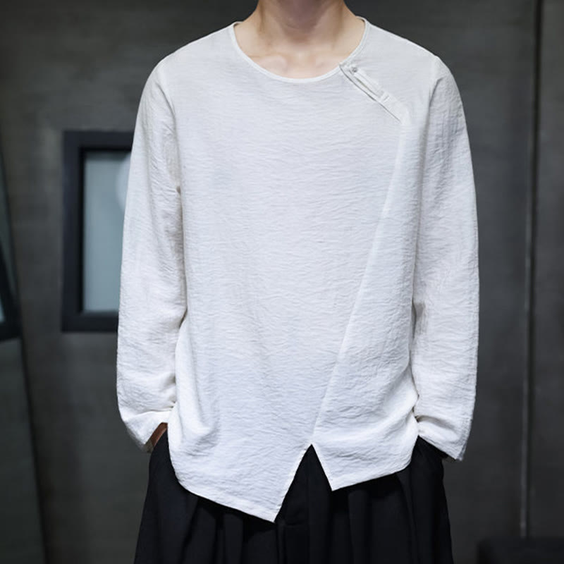 Chemises pour hommes en coton à manches longues et col rond Buddha Stones de couleur unie - image 4