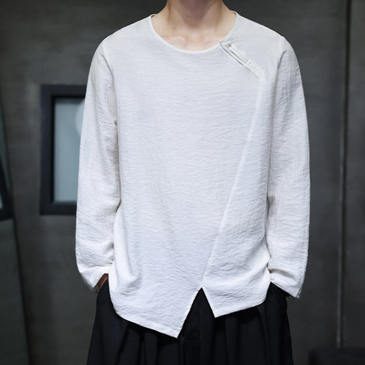 Chemises pour hommes en coton à manches longues et col rond Buddha Stones de couleur unie - image 4