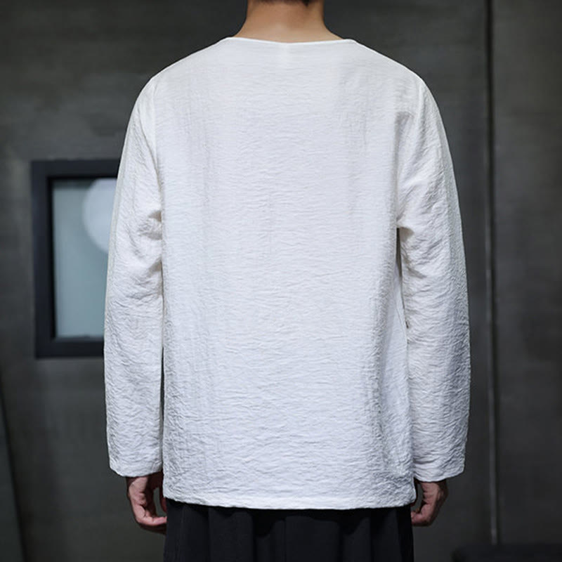 Chemises pour hommes en coton à manches longues et col rond Buddha Stones de couleur unie - image 2