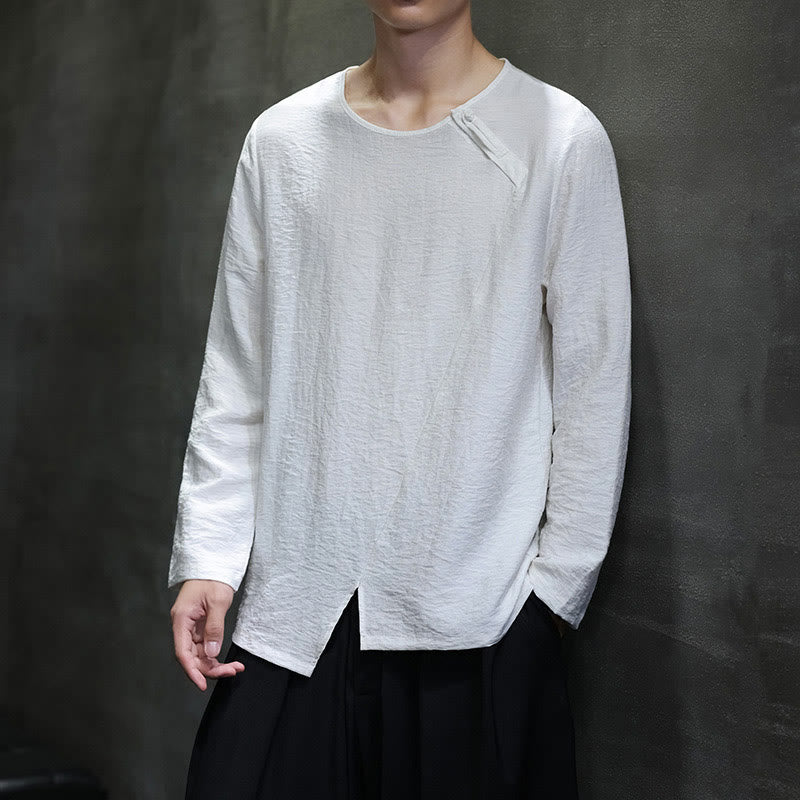 Chemises pour hommes en coton à manches longues et col rond Buddha Stones de couleur unie - image 3