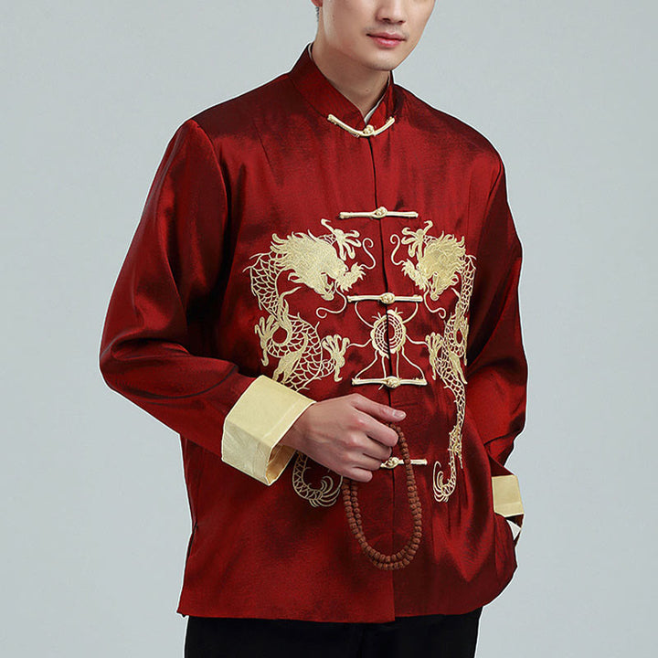 Veste chemise et pantalon décontractés en fibre de polyester pour hommes avec broderie de Buddha Stones et dragon à manches tournées