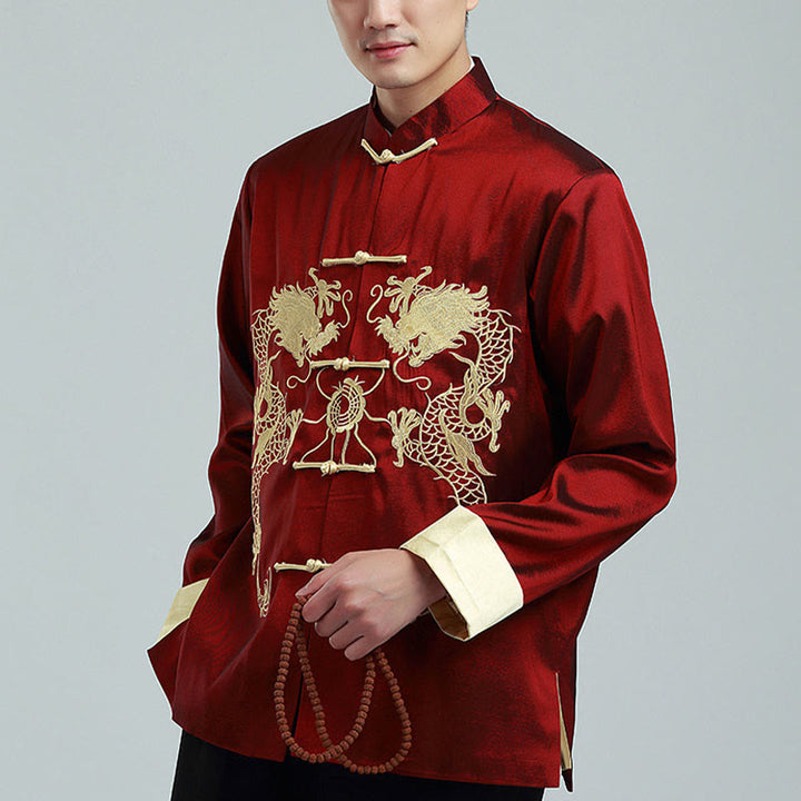 Veste chemise et pantalon décontractés en fibre de polyester pour hommes avec broderie de Buddha Stones et dragon à manches tournées