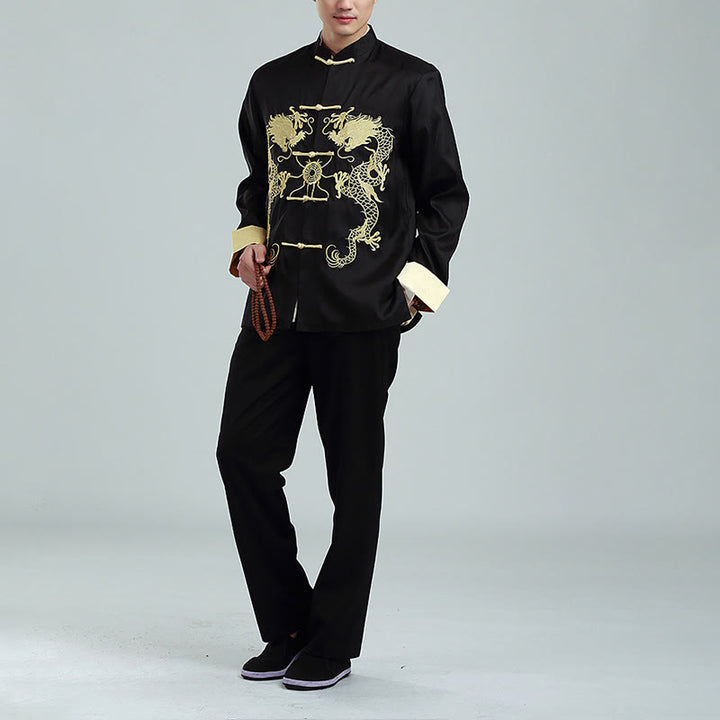 Veste chemise et pantalon décontractés en fibre de polyester pour hommes avec broderie de Buddha Stones et dragon à manches tournées