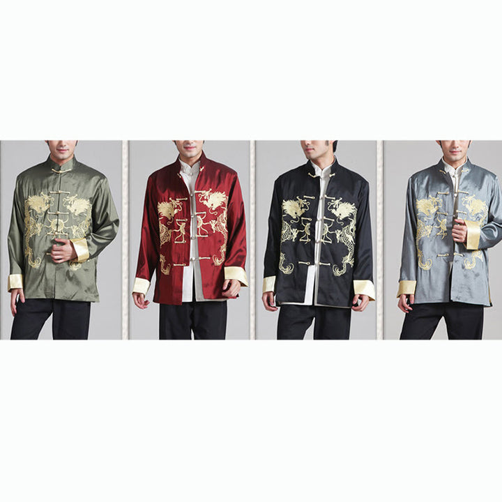 Veste chemise et pantalon décontractés en fibre de polyester pour hommes avec broderie de Buddha Stones et dragon à manches tournées