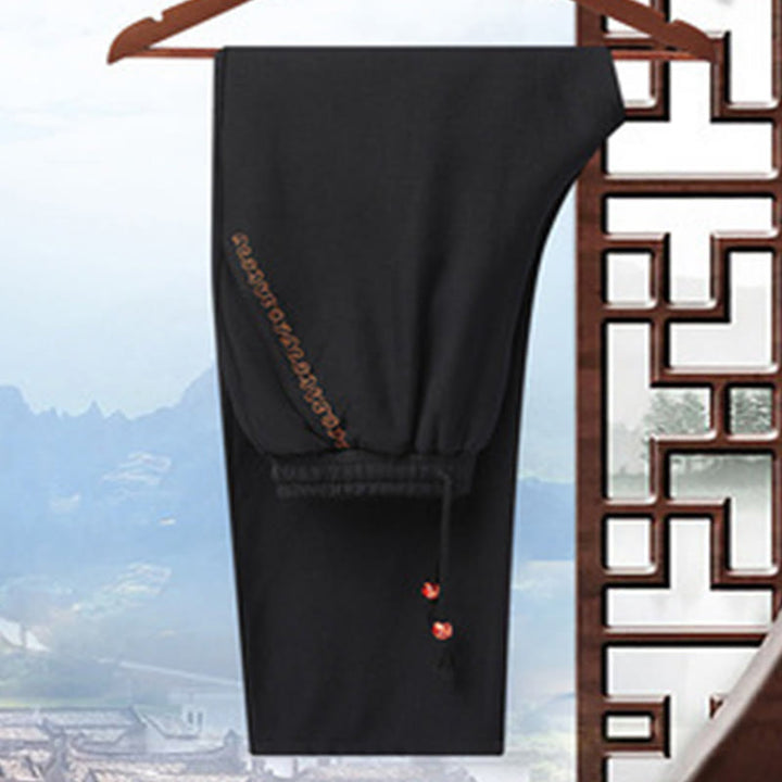 Veste chemise et pantalon décontractés en fibre de polyester pour hommes avec broderie de Buddha Stones et dragon à manches tournées
