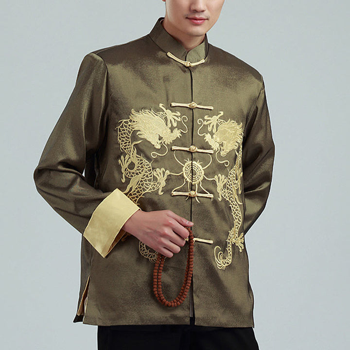 Veste chemise et pantalon décontractés en fibre de polyester pour hommes avec broderie de Buddha Stones et dragon à manches tournées