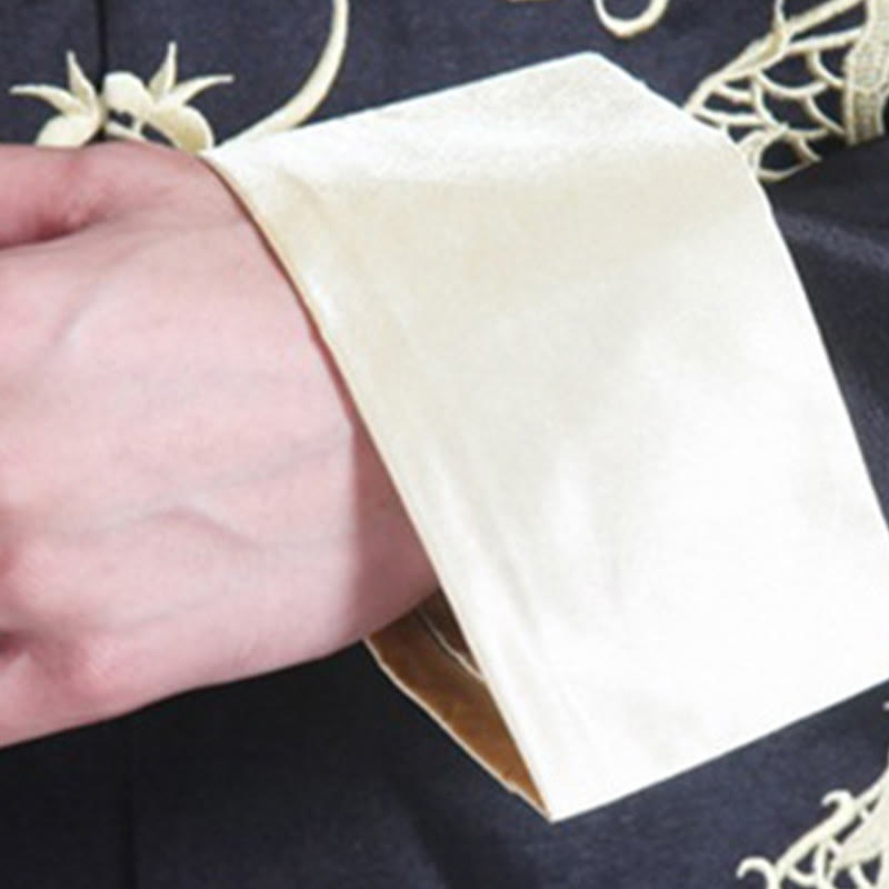 Veste chemise et pantalon décontractés en fibre de polyester pour hommes avec broderie de Buddha Stones et dragon à manches tournées