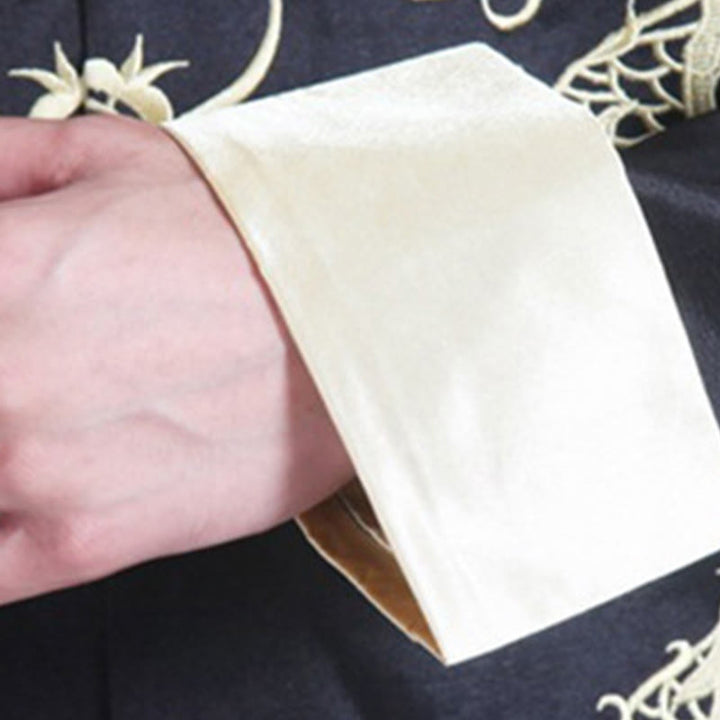Veste chemise et pantalon décontractés en fibre de polyester pour hommes avec broderie de Buddha Stones et dragon à manches tournées