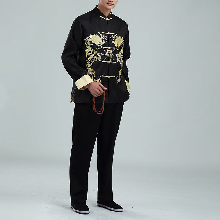 Veste chemise et pantalon décontractés en fibre de polyester pour hommes avec broderie de Buddha Stones et dragon à manches tournées - image 14