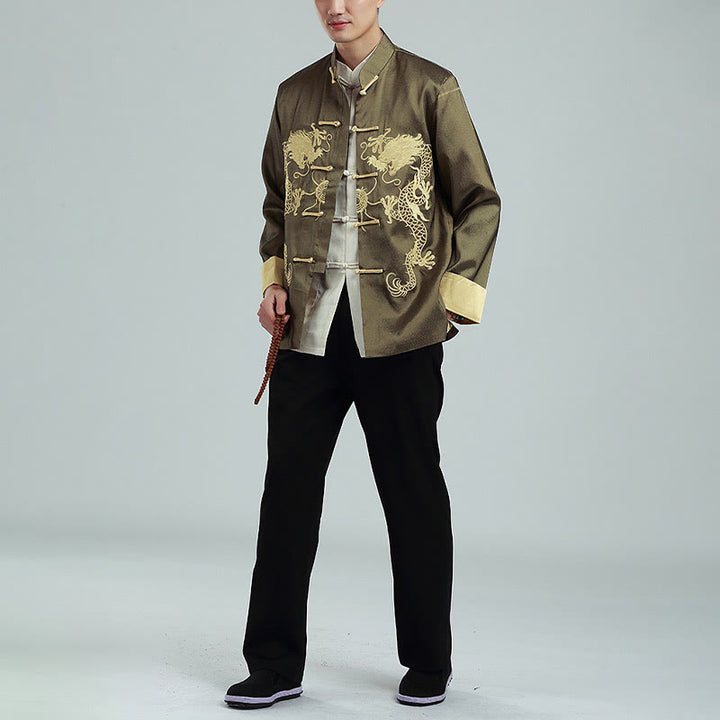 Veste chemise et pantalon décontractés en fibre de polyester pour hommes avec broderie de Buddha Stones et dragon à manches tournées