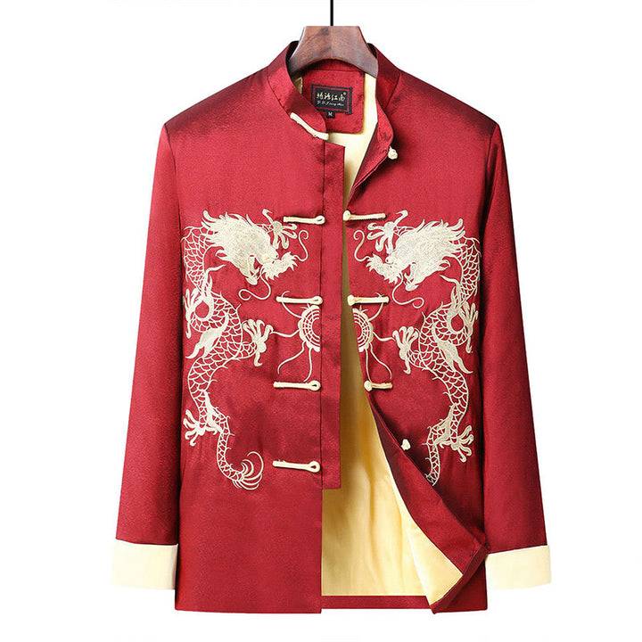 Veste chemise et pantalon décontractés en fibre de polyester pour hommes avec broderie de Buddha Stones et dragon à manches tournées - image 5