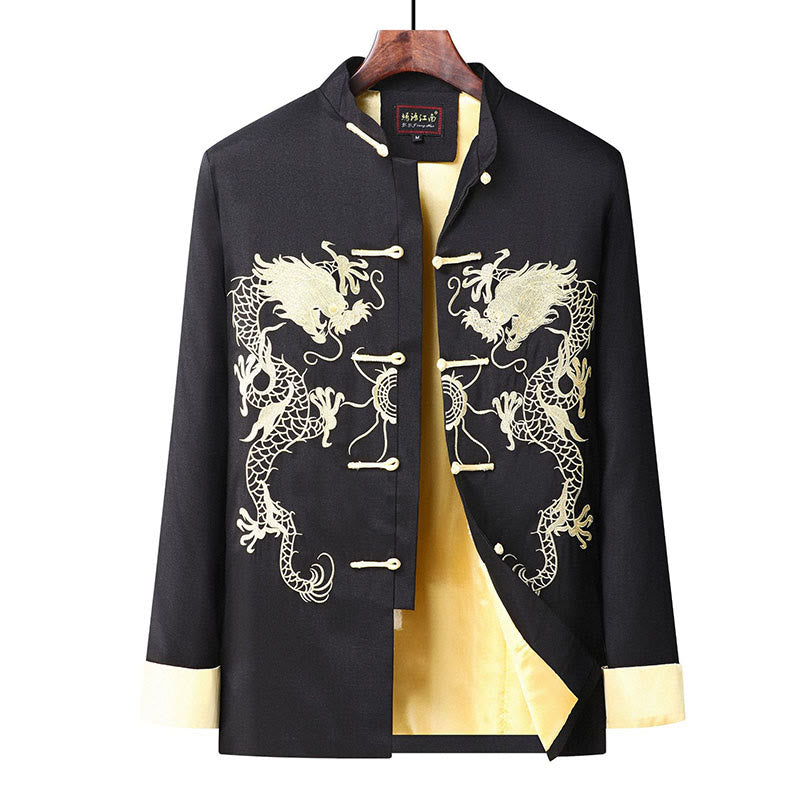 Veste chemise et pantalon décontractés en fibre de polyester pour hommes avec broderie de Buddha Stones et dragon à manches tournées