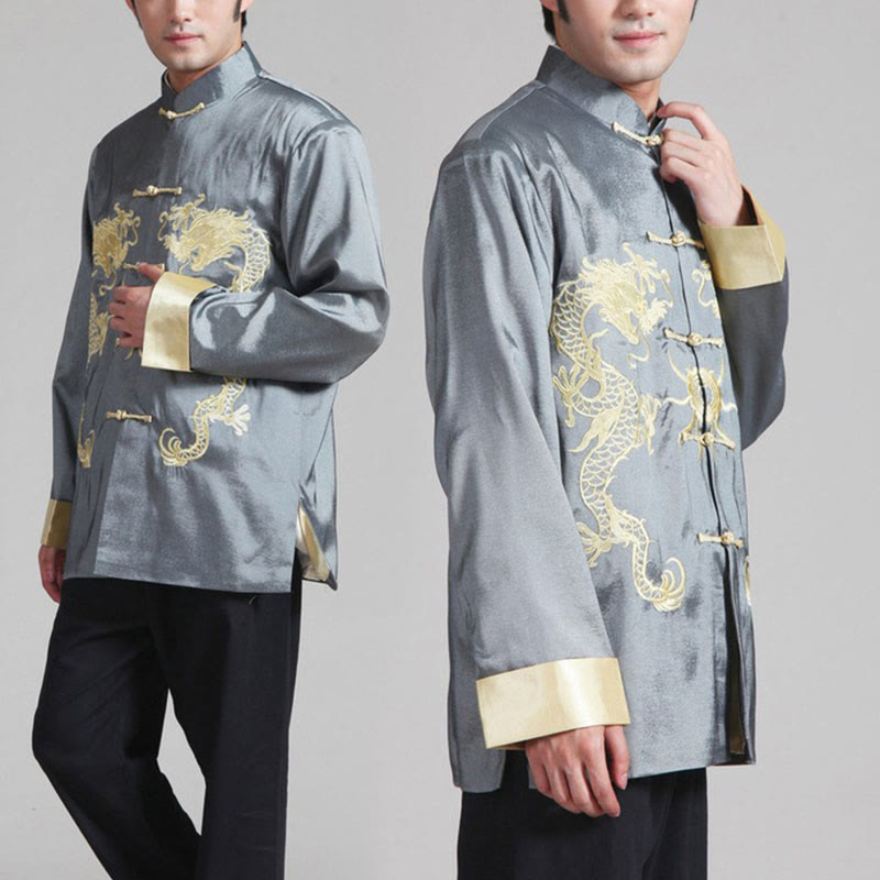 Veste chemise et pantalon décontractés en fibre de polyester pour hommes avec broderie de Buddha Stones et dragon à manches tournées