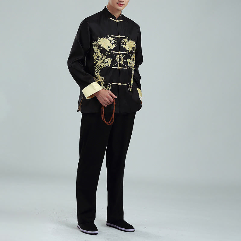 Veste chemise et pantalon décontractés en fibre de polyester pour hommes avec broderie de Buddha Stones et dragon à manches tournées