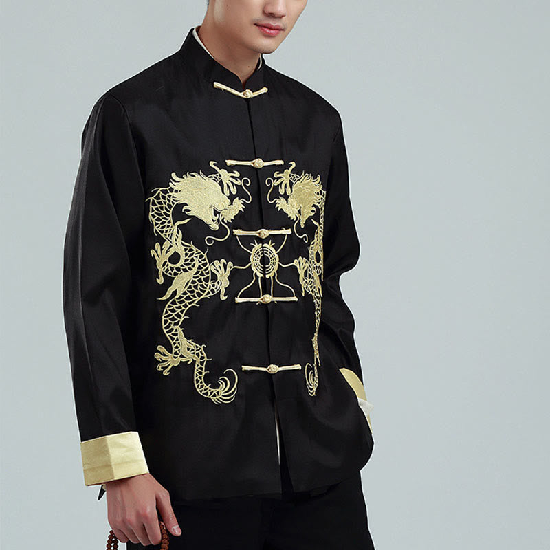 Veste chemise et pantalon décontractés en fibre de polyester pour hommes avec broderie de Buddha Stones et dragon à manches tournées