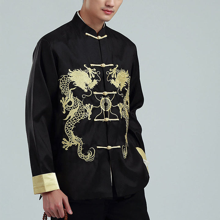 Veste chemise et pantalon décontractés en fibre de polyester pour hommes avec broderie de Buddha Stones et dragon à manches tournées