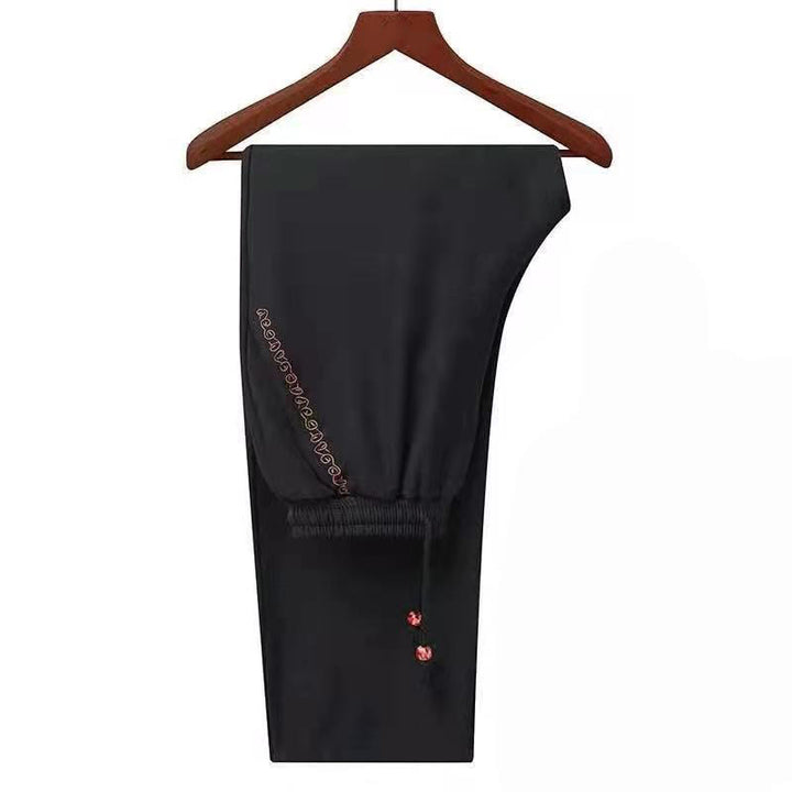Veste chemise et pantalon décontractés en fibre de polyester pour hommes avec broderie de Buddha Stones et dragon à manches tournées
