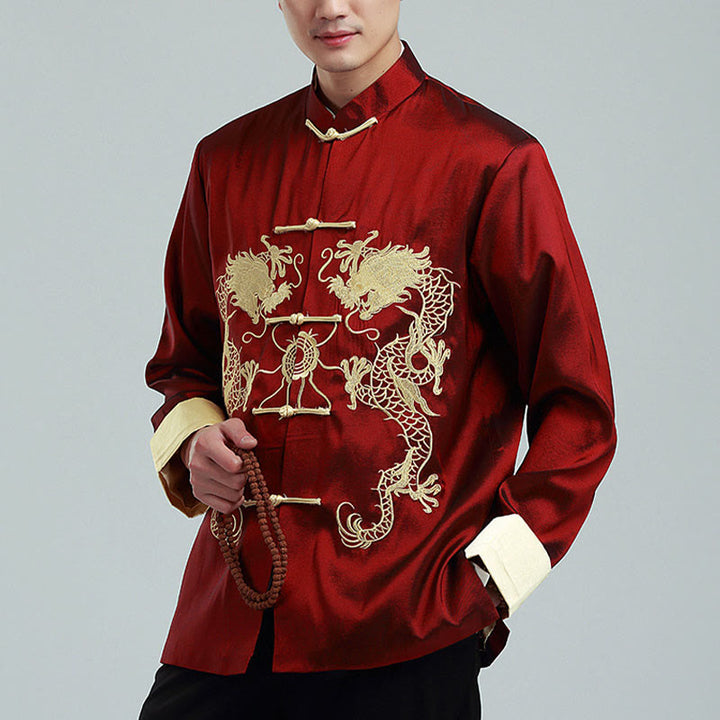 Veste chemise et pantalon décontractés en fibre de polyester pour hommes avec broderie de Buddha Stones et dragon à manches tournées