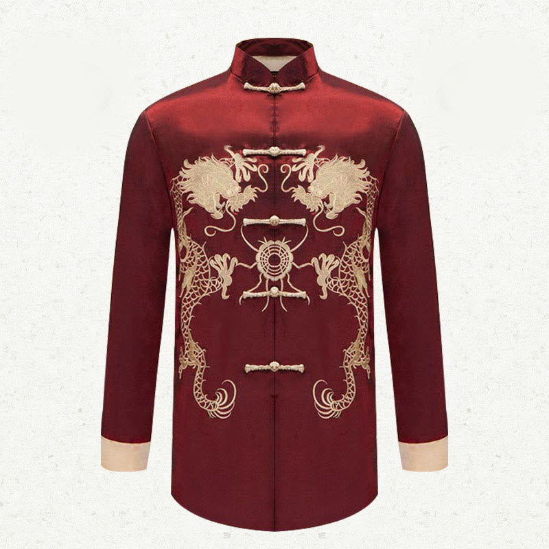 Veste chemise et pantalon décontractés en fibre de polyester pour hommes avec broderie de Buddha Stones et dragon à manches tournées