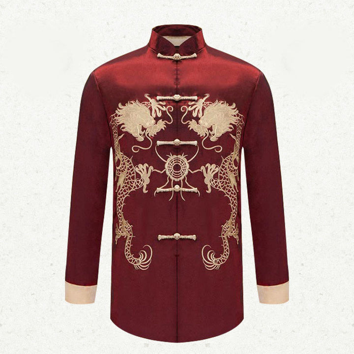 Veste chemise et pantalon décontractés en fibre de polyester pour hommes avec broderie de Buddha Stones et dragon à manches tournées