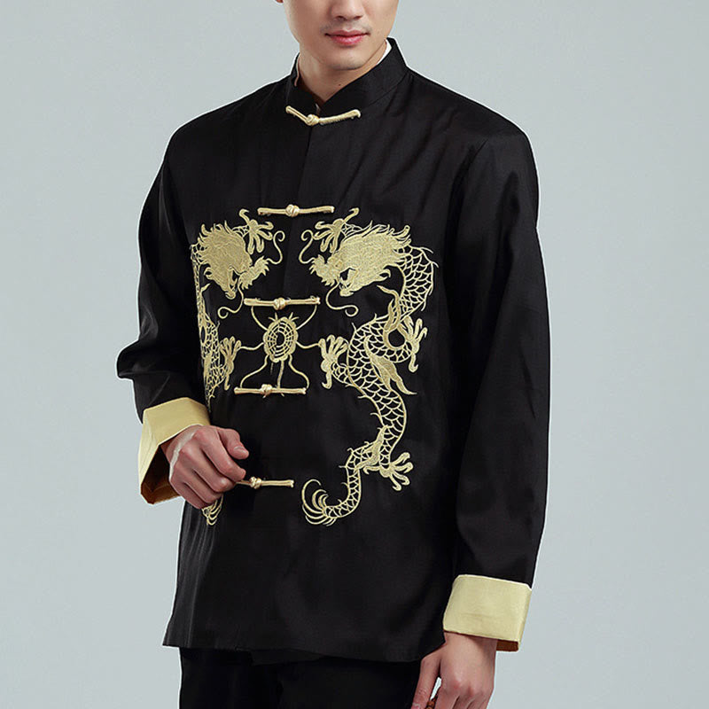 Veste chemise et pantalon décontractés en fibre de polyester pour hommes avec broderie de Buddha Stones et dragon à manches tournées