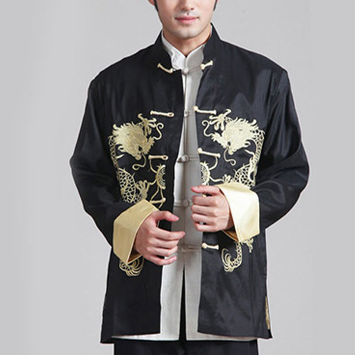 Veste chemise et pantalon décontractés en fibre de polyester pour hommes avec broderie de Buddha Stones et dragon à manches tournées